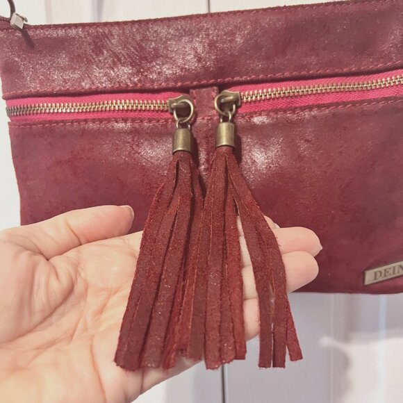 Borse In Pelle-Deines-Soft Calf Leather Crossbody Red Purse-Tassels-Adj Strap - Picture 6 of 15